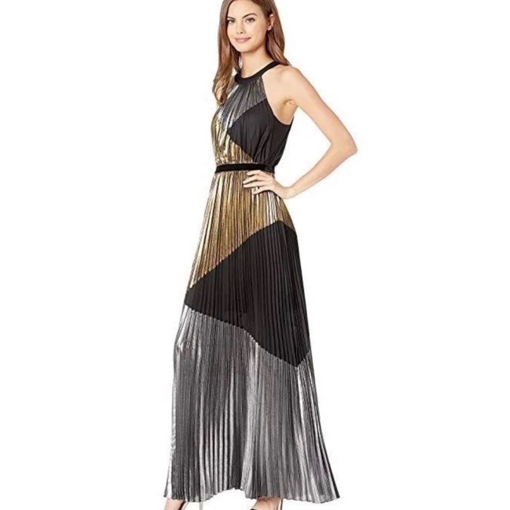 BCBGMaxAzria Metallic Gold and Black Pleated Gown